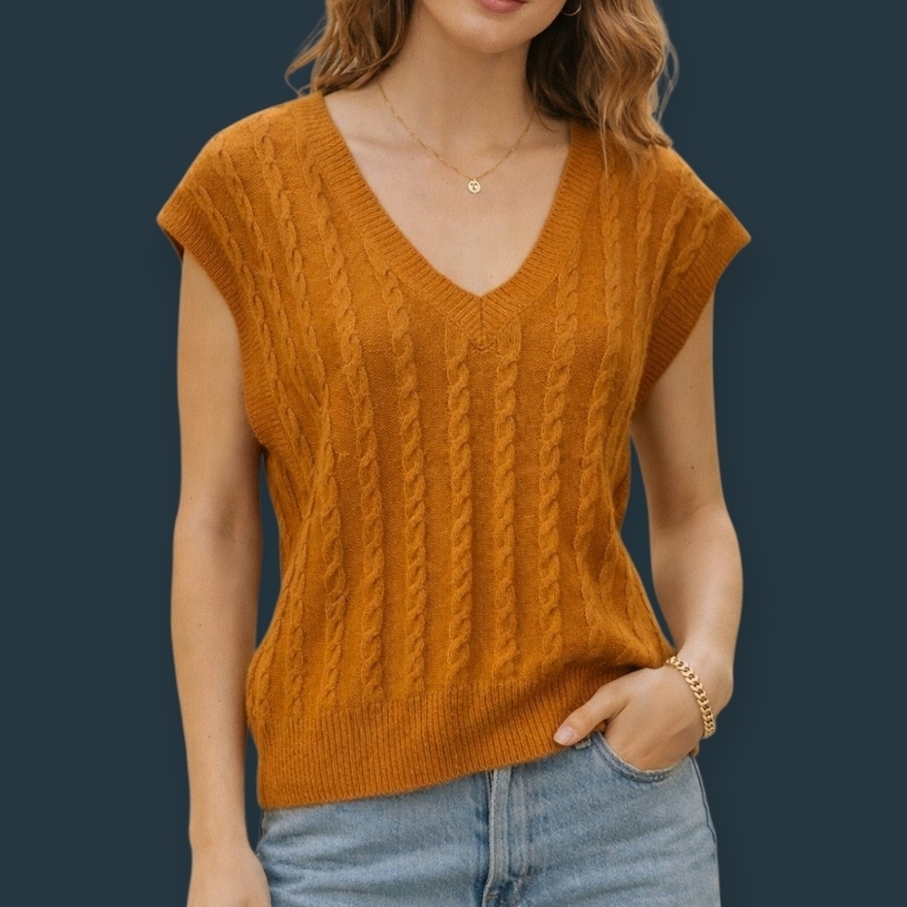 CUPCAKES and CASHMERE Camel Cable Knit Sleeveless V-Neck Sweater